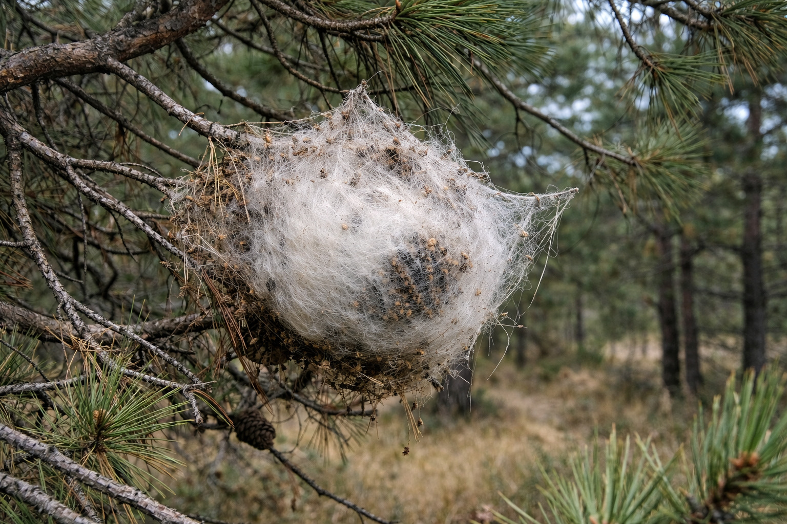 Nid de chenilles processionnaires dans un pin