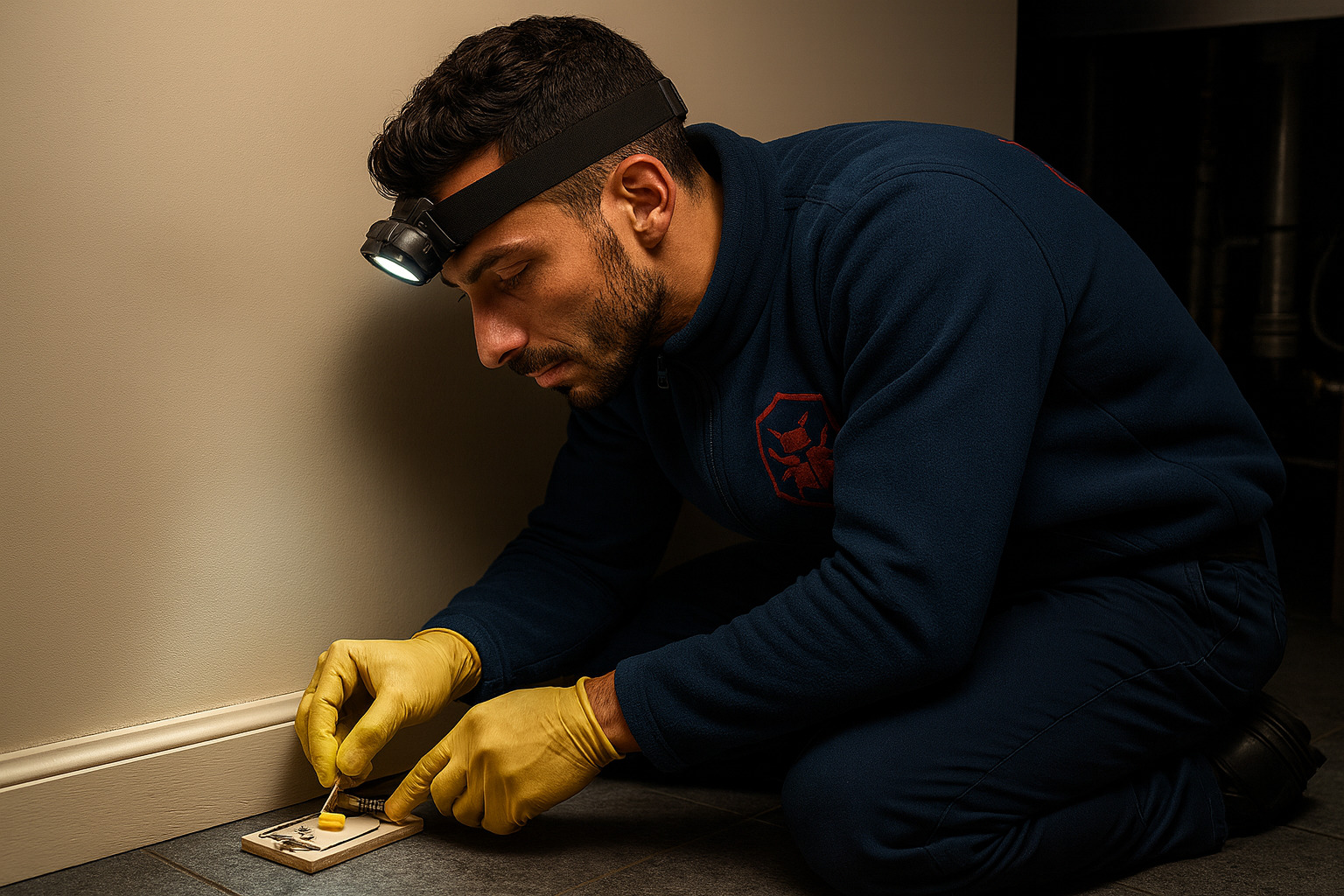 Technicien inspectant et installant les pièges à rongeurs