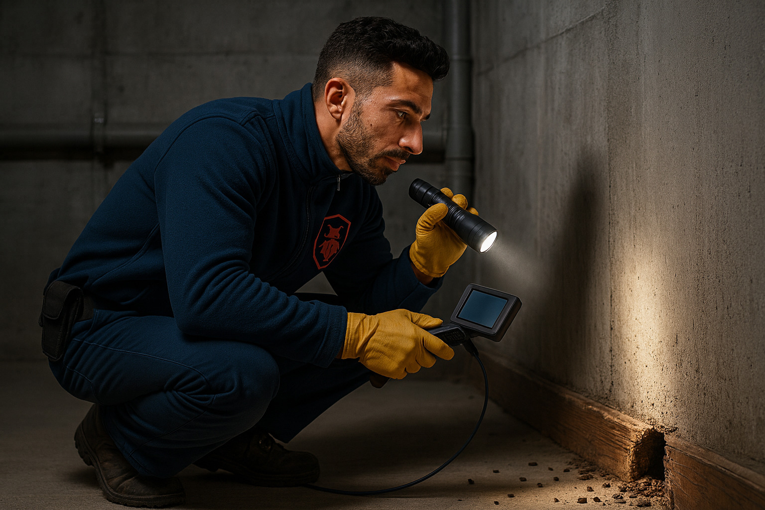 Technicien inspectant les points d'entrée des rongeurs