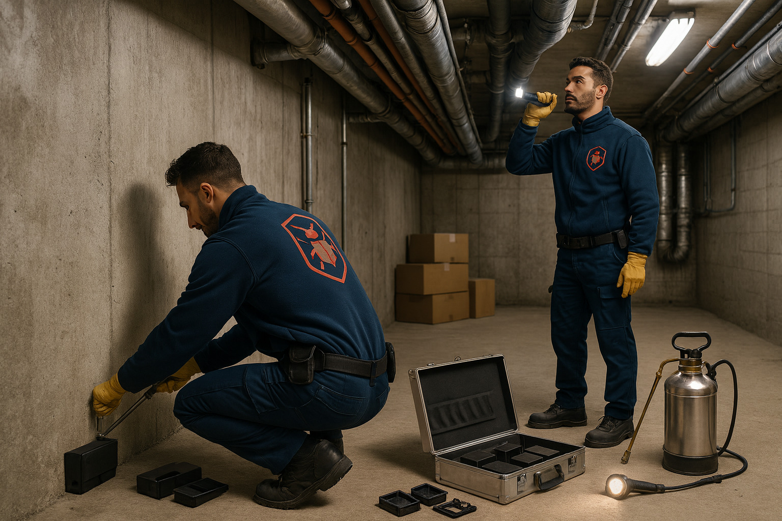 Techniciens en pleine intervention de dératisation